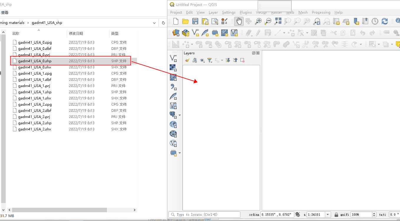 SHP-Datei in das QGIS-Kartenfenster ziehen