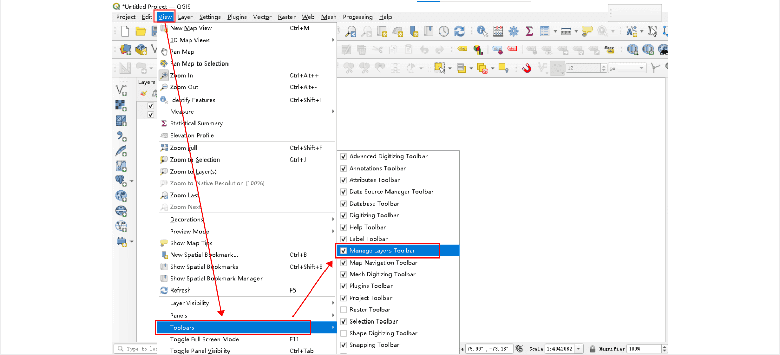 Aktivieren der Manage Layers Toolbar über das Ansichtsmenü