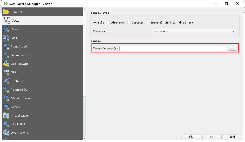 Data Source Manager Dialog für Vektorebenen